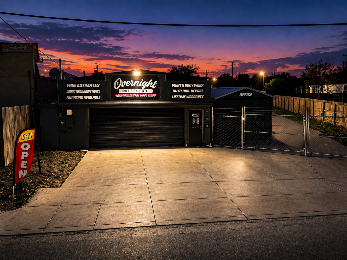 Overnight Collision Center auto body shop exterior in San Antonio